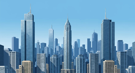 Obraz premium Modern metropolitan city skyline vector illustration with blue glass skyscrapers, high-rise office buildings, antennas, and clear sky in a clean digital flat graphic style.