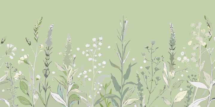 Wildflower collection soft painterly illustration in muted green tones