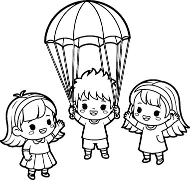 Three happy children playing with a parachute toy together.
