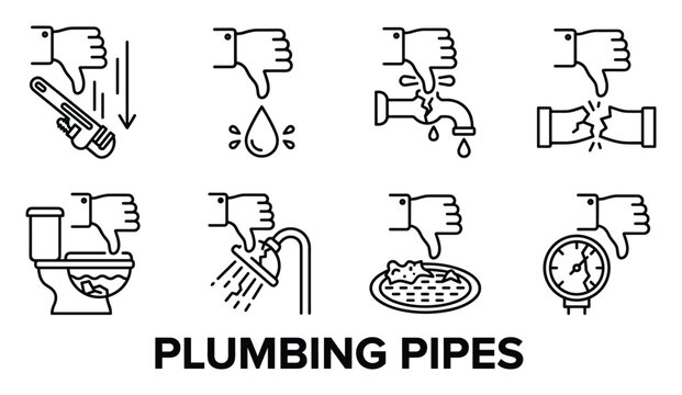 Plumbing pipes thumbs down icon set with broken pipe, leaking faucet, clogged toilet, showing issues.