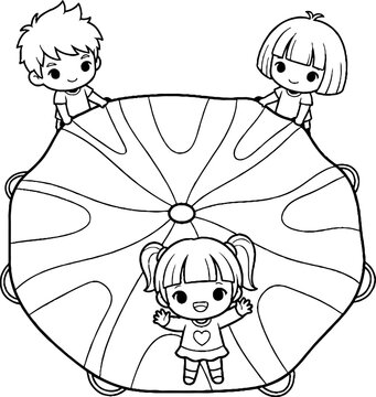 Children playing together on large colorful parachute toy.