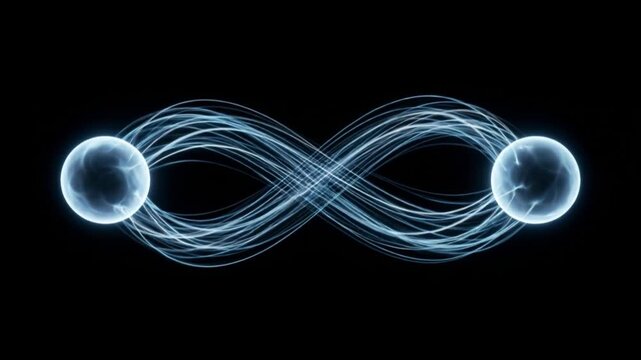 暗闇で繋がる量子もつれと発光する球体の抽象的なループ背景