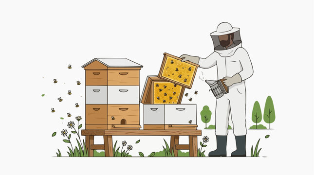 Beekeeper tending to hives in a natural setting, surrounded by buzzing bees and blooming flowers