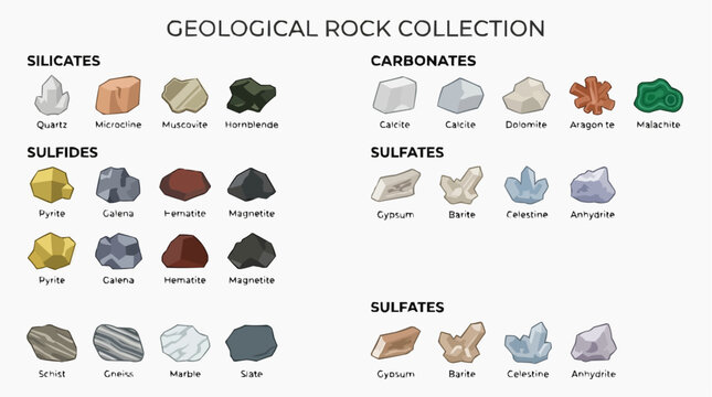 A geological rock collection displaying various mineral types, including silicates, sulfides, carbonates, and sulfates