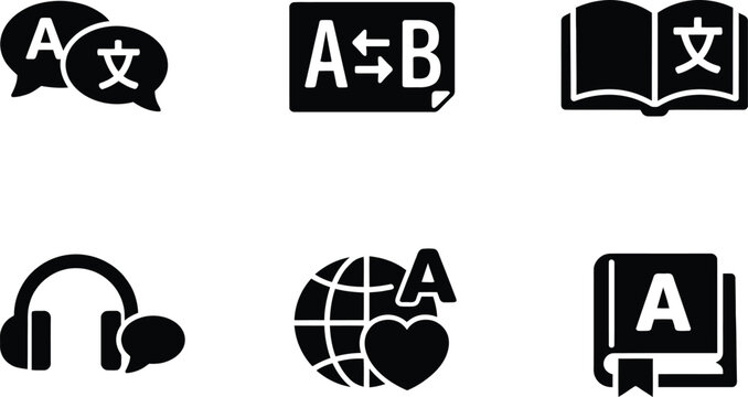 Language learning and translation services icon set