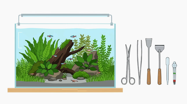An aquarium setup with aquatic plants, fish, and driftwood, along with essential aquarium maintenance tools.