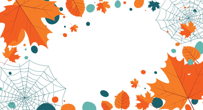 Festive autumn-themed border featuring orange maple leaves, spider webs, and colorful dots on a plain white background.