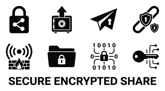 Secure encrypted share icons padlock safe paper airplane chain firewall folder key binary code cyber security icons.