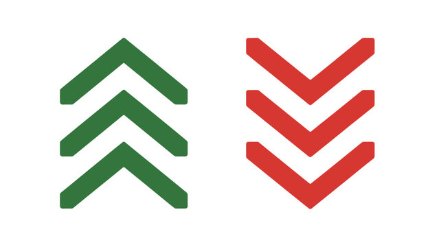 Green up chevron arrows and red down chevron arrows vector icon set for growth and decline indicators modern flat design isolated collection