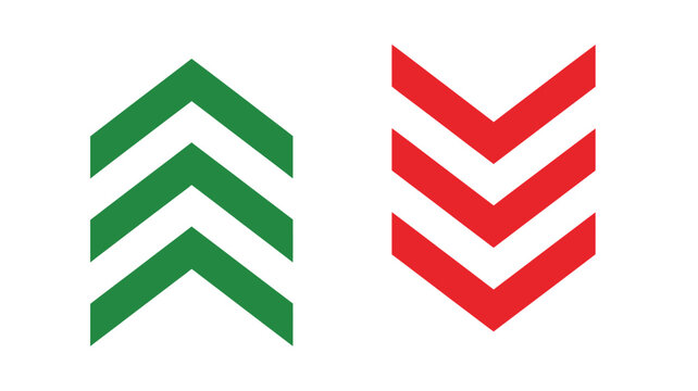 Green up chevron arrows and red down chevron arrows vector icon set for growth and decline indicators modern flat design isolated collection