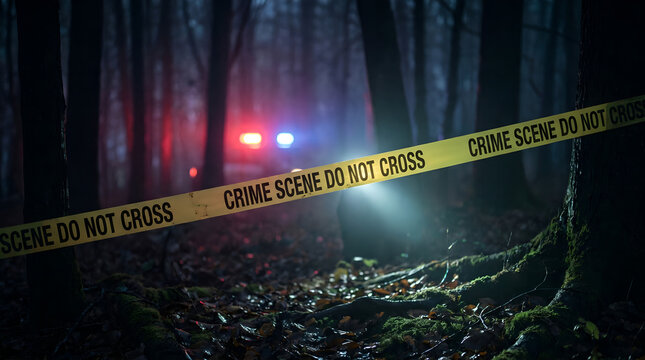 Bright police tape stretches across a mysterious, foggy woodland setting with emergency vehicle lights in the background 