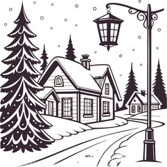 Fototapeta premium Winter Village Landscape with Snow Covered Houses and Trees Vector Illustration