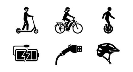 Electric Scooter, Bicycle, Unicycle Icons. Battery, Charger, Helmet. Sustainable Mobility Vector Set © Jui
