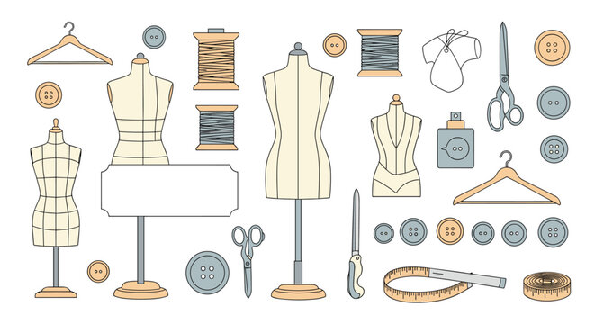 Comprehensive collection of tailoring and dressmaking equipment including mannequins thread spools buttons scissors and measuring tape on white.