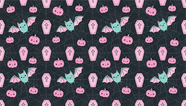 Cute pastel goth Halloween seamless pattern vector illustration featuring funny bats pink pumpkins coffins and spider webs on dark textured background