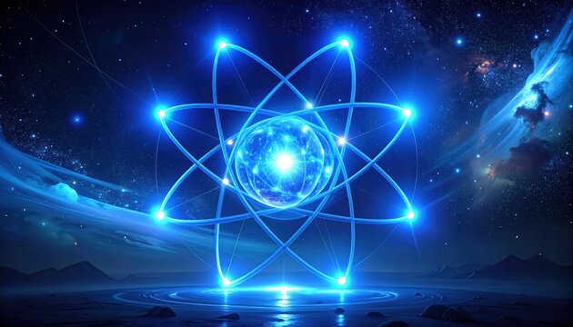 Abstract glowing atom model with electrons orbiting nucleus in cosmic background