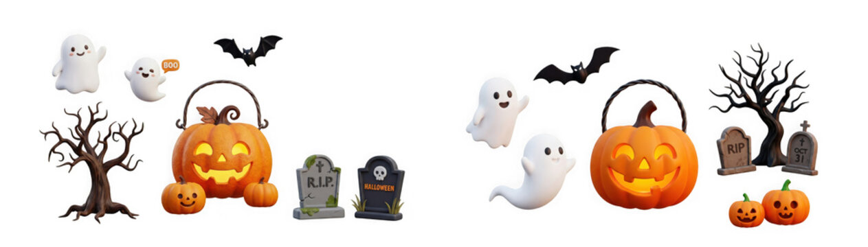 Halloween decorative items featuring jack o lantern ghost and trees on isolated on transparent background