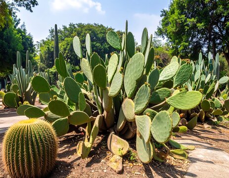 Sunny day showcasing various cacti in an arid garden, with diverse shapes, sizes, and a backdrop of leafy trees
