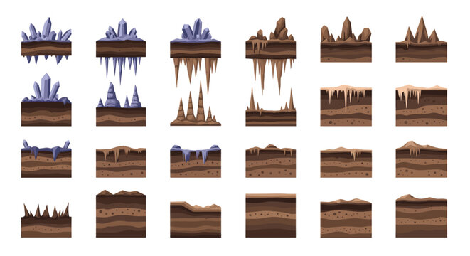 Set of pixel art tilesets representing various underground environments with dirt layers, jagged rocks, and purple crystal formations.