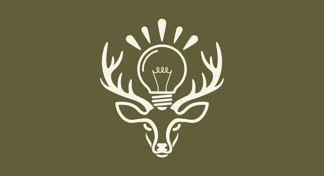 Minimalist deer head with glowing light bulb icon logo