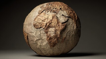 Naklejka premium Detailed Artistic Representation of a Vintage Earth Globe Crafted from Crinkled Paper with Focus on Africa