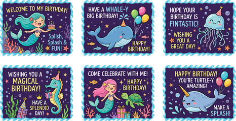 Cute under the sea birthday invitation card template collection with mermaid whale jellyfish seahorse narwhal and sea turtle cartoon characters vector illustration © Sumaiya Akter Sweety