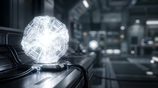 Glowing crystalline geometric energy core in a futuristic laboratory