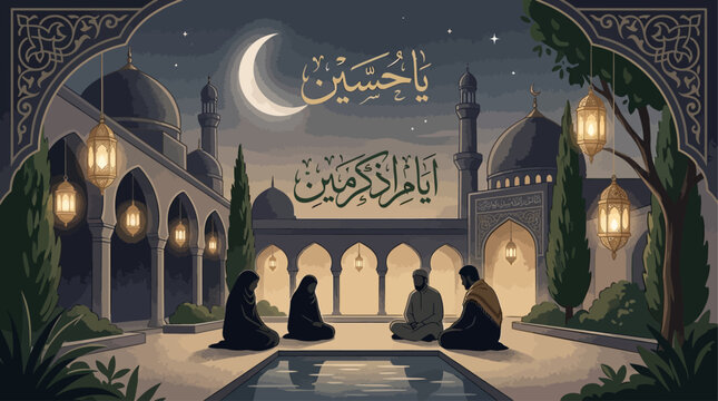 People pray at night in a serene mosque courtyard with Arabic calligraphy