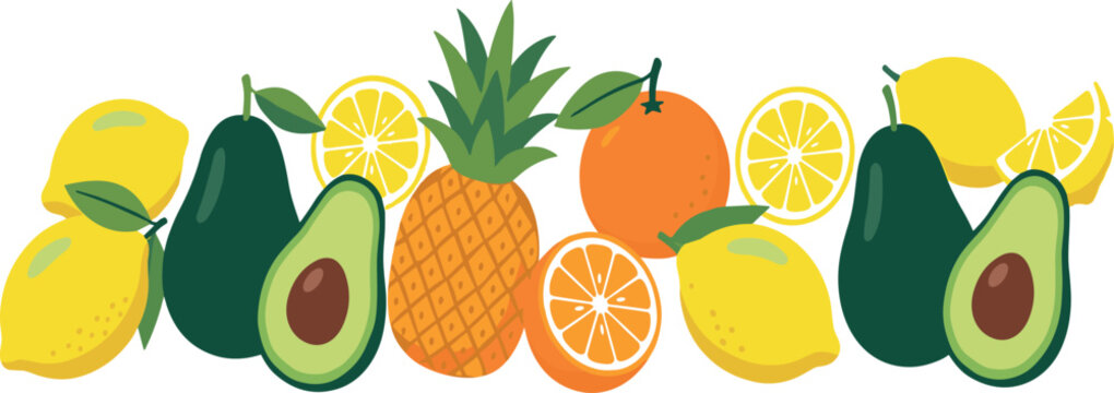 Fresh tropical fruit border vector illustration featuring wholesome lemons green avocados pineapple and juicy oranges for healthy diet and organic food background concepts