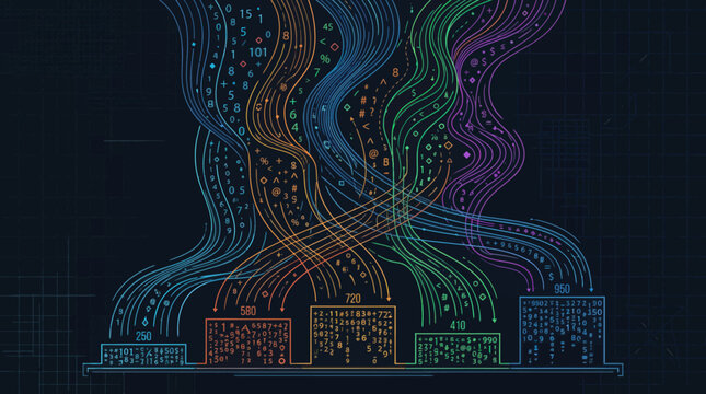 Data flow illustration with digital numbers and abstract waves on dark