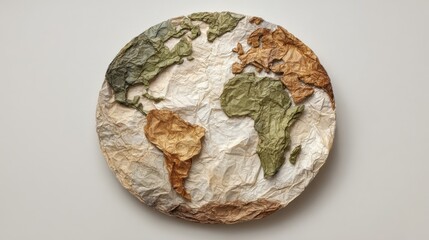 Naklejka premium Artistic representation of world map made from crumpled paper showcasing continents and oceans in earthy tones