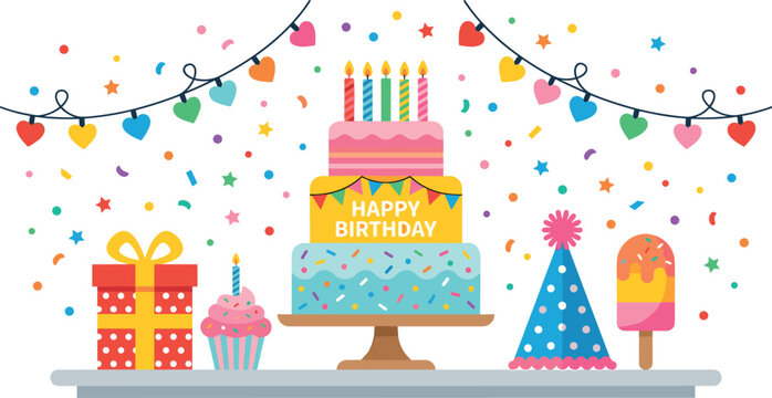 Happy birthday celebration banner with big tiered cake candles gift box cupcake party hat and confetti elements flat vector illustration background