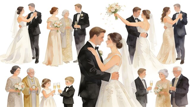 Watercolor illustration of a beautiful bride and handsome groom sharing their first dance at a luxury wedding ceremony with elegant guests isolated on white background