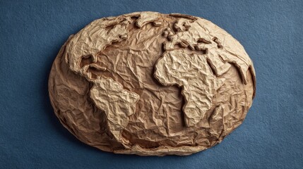 Fototapeta premium Textured Earth Map Created from Crumpled Kraft Paper on Blue Background Representing Global Nature and Environment Awareness