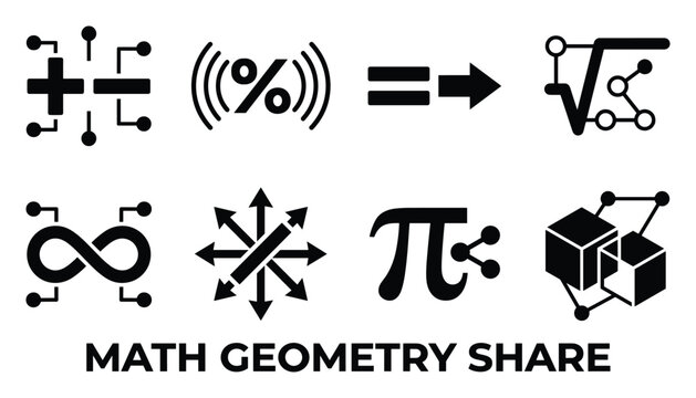 Black icons for math geometry share concepts with nodes and connections showing data flow.