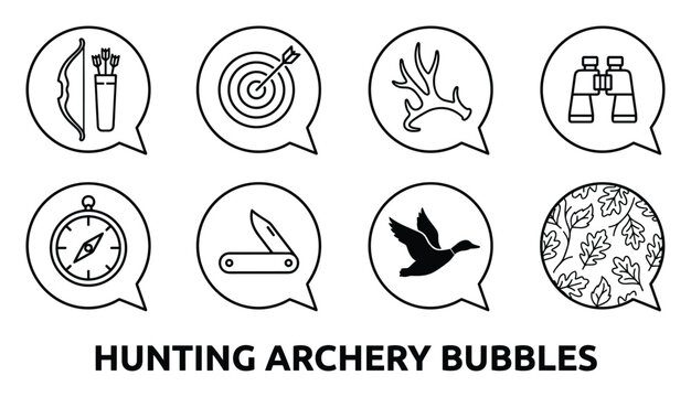 Hunting archery bubbles icons bow arrow target antlers binoculars compass knife duck leaves.