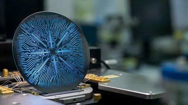 Glowing silicon wafer with electronic circuit patterns in a lab facility
