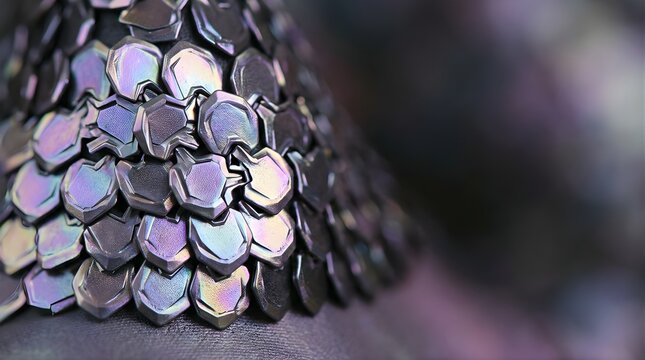 Iridescent metallic scale texture resembling dragon armor with bokeh