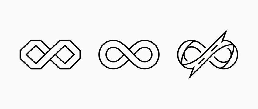 Three infinity symbol variations including geometric abstract and stylized lightning bolt design