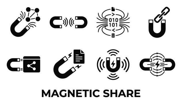 Magnetic share solid icons horseshoe magnet data transfer connection network link file share symbol.