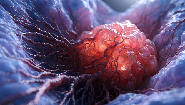 3D Anatomy Illustration of Cancer Tumor Growth with Blood Vessel Network