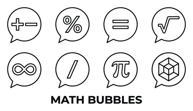 Math symbols in speech bubbles including plus minus, percent, equals, square root, infinity, division, pi, cube.