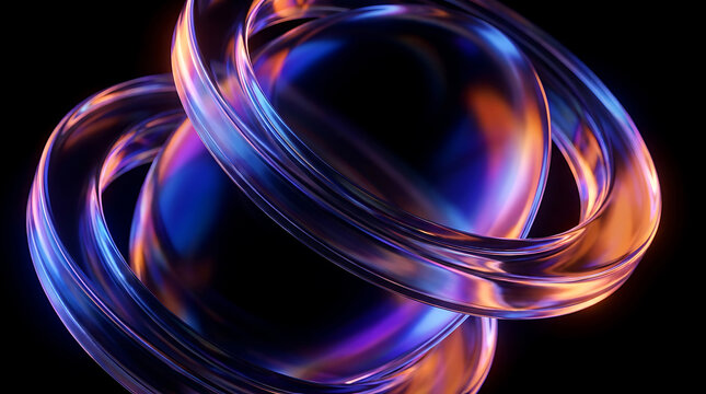 Abstract 3D Render Of Glowing Iridescent Fluid Rings And Spheres On Black Background