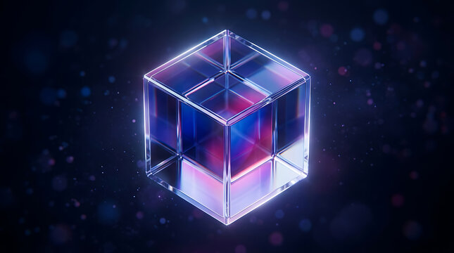 Glowing Transparent Glass Cube With Neon Blue And Pink Light Reflections On Dark Background