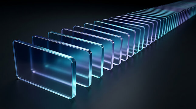 Abstract Digital Data Processing Concept Glowing Blue Glass Rectangular Panels In Row