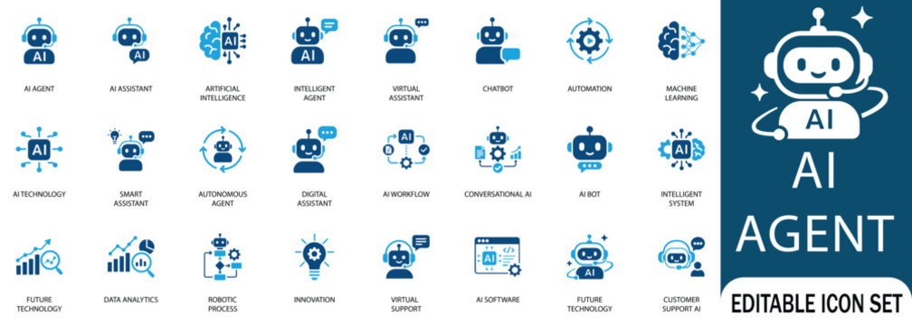 AI agent and artificial intelligence chatbot icon set. Clean blue icons for machine learning, virtual assistants, automated workflows, and future data tech.