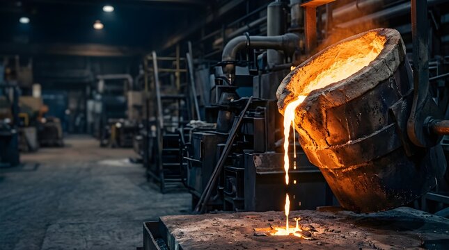 Molten metal pouring from a heavy industrial ladle in a dark foundry