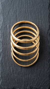 Top down close up shot of a stack of five classic gold bangles on a dark textured stone surface