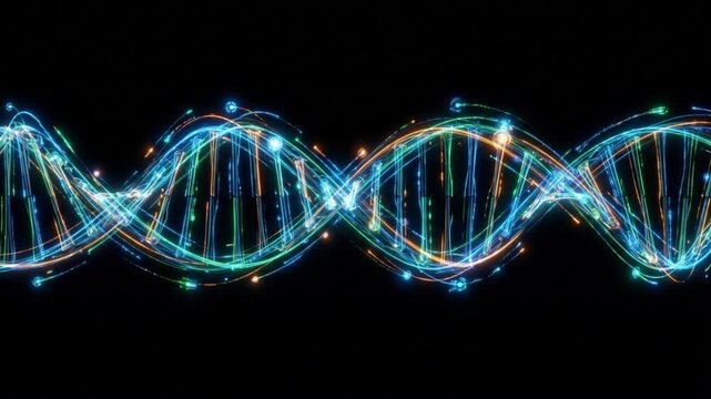 暗闇で発光してデジタルデータを書き換えるDNA二重らせんの抽象的なループ背景