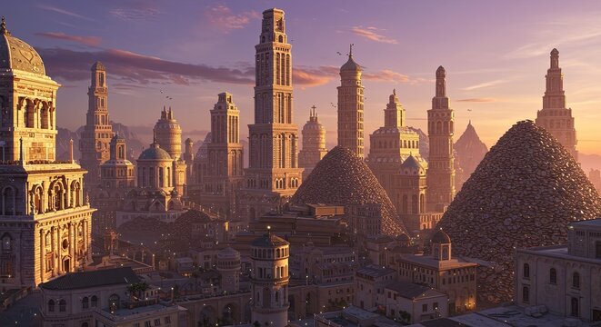 Fantasy Cityscape with Ancient Architecture Towers.